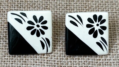 Vintage Black Off White Square Tile Floral Earrings Boho Whimsigoth Whimsical-image