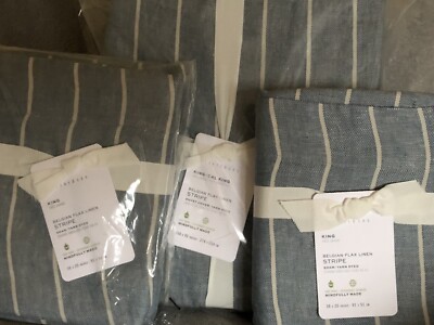 POTTERY BARN Belgian Linen Striped KING Duvet & 2 KING Shams NEW -Chambray Blue-image