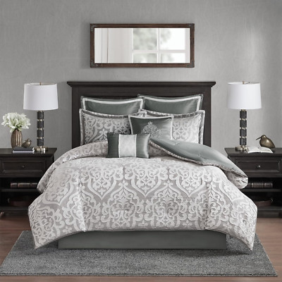 Queen 8PC Jacquard Damask Comforter Set Silver All Season Down Alternative-image