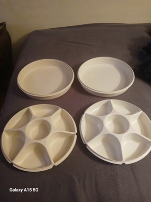 Set 2 Vtg Tupperware Divided Veggie Tray W/ Lid White, Almond Dip Bowl 1661-image