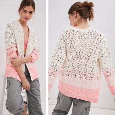 Anthropologie White & Pink Faustia Dip-Dyed Chunky Open-Knit Cardigan Womens XL-image