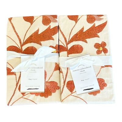 Pottery Barn Ramona Printed Embroidered Cotton Percale Floral King Sham Pair NEW-image
