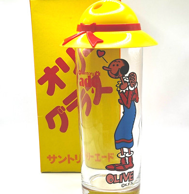 POPEYE OLIVE glass suntory Japan 1980s Fleischer Studios hat shaped lid vtg OPP-image