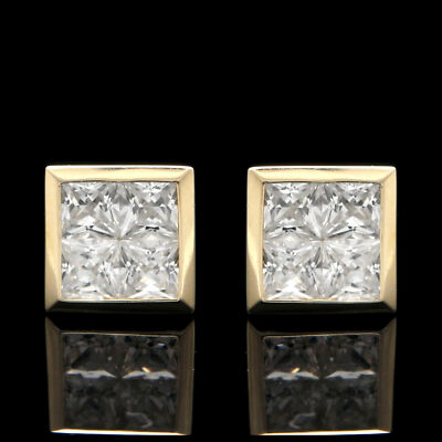 1ct Princess Simulated Diamond Bezel Earrings 14K Yellow Gold Invisible Setting-image