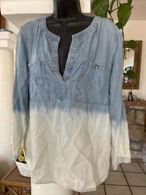 Anthropologie Chambray Ombre Dip Dye Stone Fabric Top Blouse Size L Blue White-image