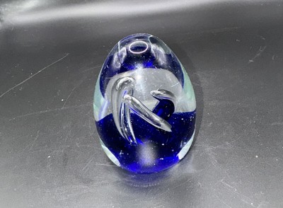 Egg Shaped Studio Art Glass Paperweight Clear Cobalt Blue 3.5
