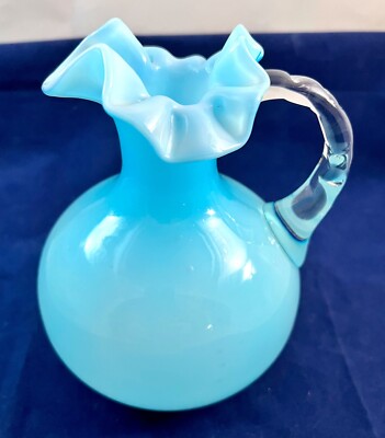 Vase. Pitcher-Shaped. Fenton Blue Overlay Line, Ruffled Rim, Clear Handle, Vtg.-image
