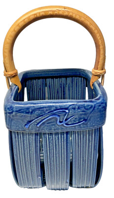 JIM & SHIRL PARMENTIER BLUE WOVEN STUDIO POTTERY BASKET W/CANE HANDLE-image