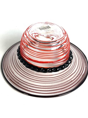 Sarah Studio Art Glass Hand-Blown Hat Shaped Bowl Textured Decoration Red Black-image