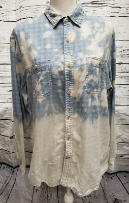 Cremieux Distressed Cotton Dip Dye Ombre Button Up Shirt Sz L Blue Plaid Grunge -image