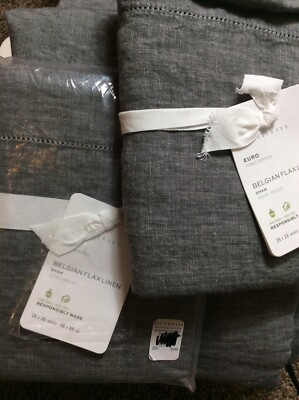 Pottery Barn Belgian Flax Linen Full/Queen Duvet  & 2 Euro Shams Ebony Dark Gray-image