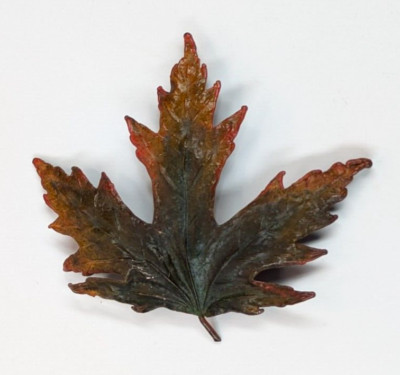 VTG Large Autumn Fall Copper Dipped Maple Leaf Painted Chunky Brooch Pendant-image