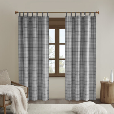 Madison Park Anaheim Plaid Faux Leather Tab Top Curtain Panel with Fleece Lining-image