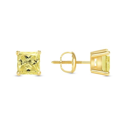 1.75 Ct Princess Canary Earrings Studs Solid 18K Yellow Gold Screw Back Basket-image