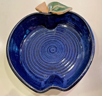 Apple Shaped Studio Art Pottery Blue Baking Dish Signed-image