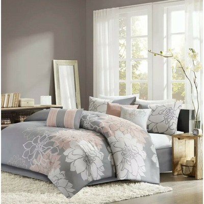 Madison Park Lola Queen Comforter shams skirt pillows Set Grey/Pink/White  NEW -image