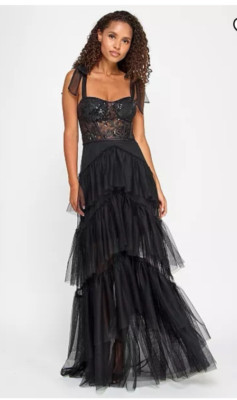 Women Juniors City Studios Ruffle Tiered Sequin Lace Gown Black 13/14 Prom Dress-image