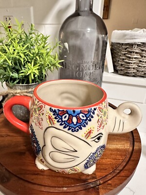 Elephant Mug By Yokohama Studio Hand Painted Orange/Blue Collectable-image