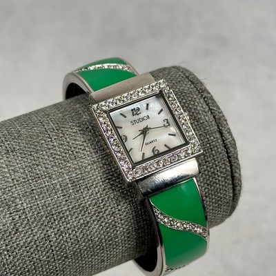 Studio Time Watch Womens Pave Crystal Green Enamel MOP Dial Clamper New Battery-image
