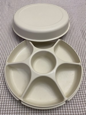 Vtg Tupperware Divided Veggie/Fruit/Dip Snack Party Tray Almond W/Lid 1665-2-image