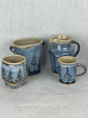 Studio Art Pottery Set/4 Cup Pitcher Vase W/handle Square Vase Signed-image