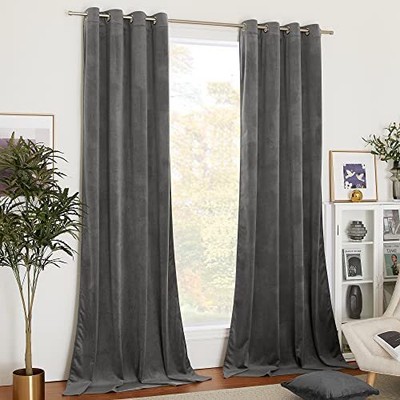 Grey Velvet Curtains, Media MovieTheater Room Decor, Classic Velvet Woven Hom...-image