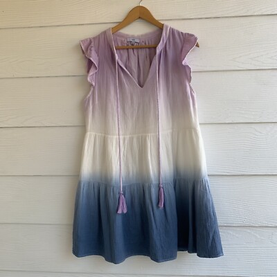 Fate Dip Dyed Tiered Mini Shift Dres Split V Neck Tasseled Lined Short Sleeve  L-image