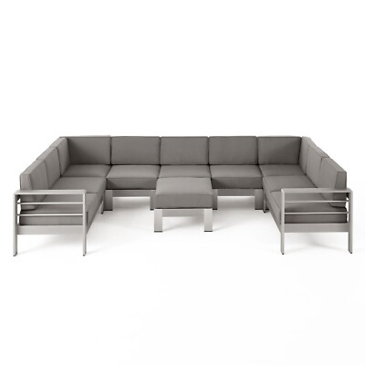 Laura Outdoor Modern 9 Seater Aluminum U-Shaped Sofa Sectional Set with Ottoman,-image