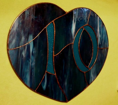 Handcrafted heart shaped STAINED GLASS house number '10'  in vivid blues Vintage-image