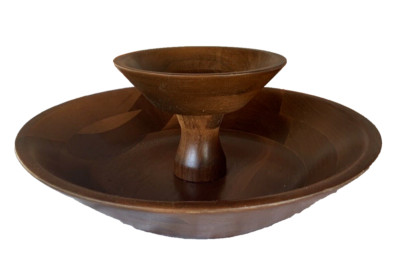 OZARK WALNUTWARE Bowl Two Tier Wooden Serving Native Walnut Wood Chip & Dip MCM-image