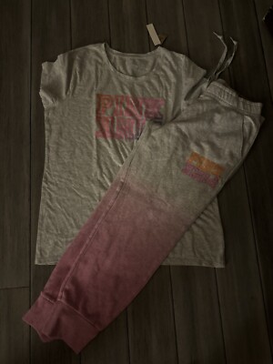 Victoria's Secret Pink Neon Pink Dip Tie Dye Campus Pants Tee Shirt Set XL/L ❤️-image