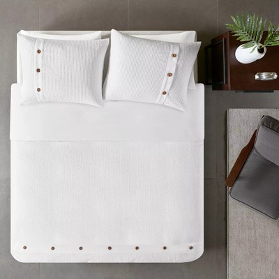 Madison Park Duvet Set Cotton Waffle Weave Lightweight Button, White, Full/Queen-image