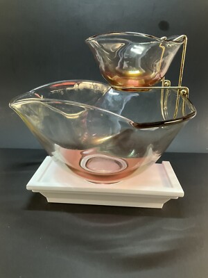 Vintage Mid Century Anchor Hocking Cranberry Flashed Chip and Dip Peach Bowl Set-image
