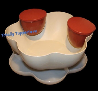 Tupperware Chip 'N Dip Bowl with Microwave Safe Dip Cups Latte & Cinnamon Beige-image