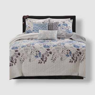 Madison Park Blue Floral Quilted Coverlet Set California King 6 PC.-image