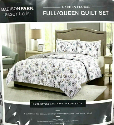 New MADISON PARK ESSENTIALS Garden Sliver Gray/Floral Full/Queen Quilt 3-PC Set -image