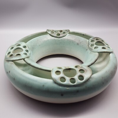 Lee Davis Studio Art Pottery Frog Ring Vase, Signed, Matte Gray-Green, Large 10