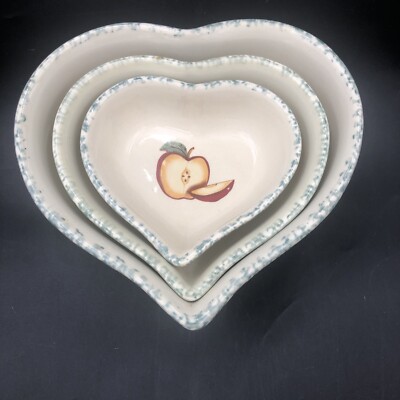 Set of 3- T.H.T. 1995 Ceramic Nesting Bowls with Sponge Rim & Apple Pattern - U1-image