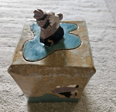 Studio Art Pottery Square Box Jar Jogger Runner Handle Side Designs Hills-image
