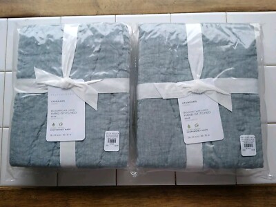 2 Pottery Barn Belgian Flax Linen Hand Stitched STANDARD Shams Chambray Blue NEW-image