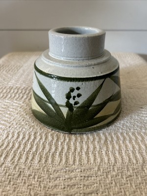 Vintage Hand Thrown Studio Art Stoneware Sage Vase Inkwell Shaped Aloe Leaves-image