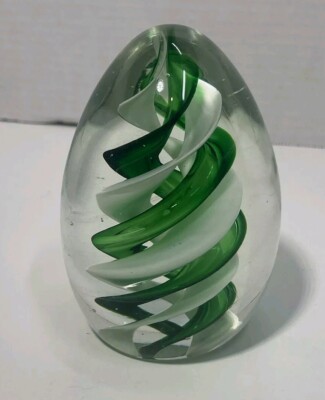 Vintage Hand Blown Studio Art Glass Paperweight Green White Swirl Egg Shaped-image