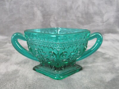 Tiara Sugar Bowl Sandwich Green Diamond Shaped Pressed Glass Double Handle-image