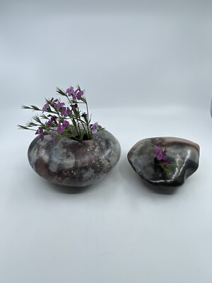 VTG MCM Contemporary Handmade Art Pottery Glazed River Rock Shaped Vases Signed-image