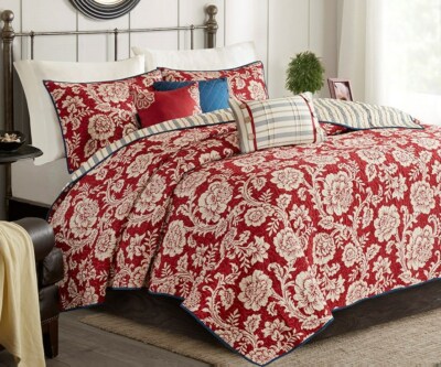 LUCY RED FLORAL 9p King Comforter : COTTON FARMHOUSE COUNTRY TICKING STRIPE BLUE-image