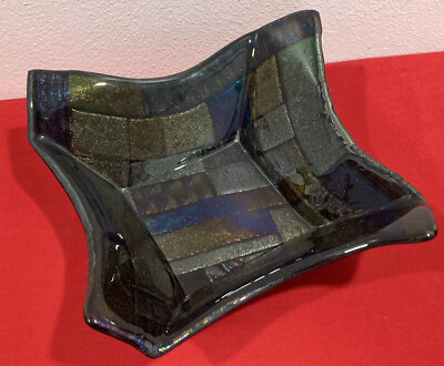 Vintage Studio FUSED Art Glass Multicolor Square Dish Geometric Shapes UNSIGNED-image