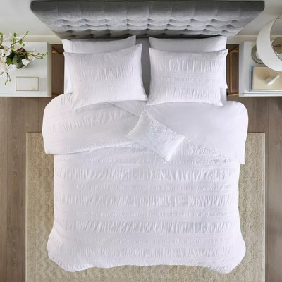 Madison Park 4-Piece Duvet Cover Set Cotton Seersucker, White, King/Cal King-image