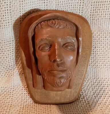 Vtg. Maranathan Liturgical Art Studio Ceram.St.Francis Head Sculp.On Wood Plaque-image