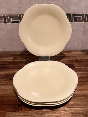 Set Of 4 Vtg Mikasa Amber Studio Glaze All Yellow Flower Shaped Dinner Plates-image