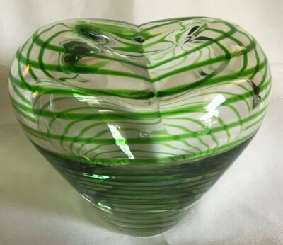 STUDIO ART BLOWN GLASS ~ HEART SHAPED BUD VASE ~ CLEAR WITH GREEN STRIPES -image